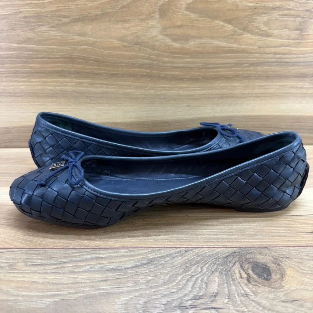 Tory Burch Woven Leather Ballet Flats 10 M Navy Blue Weave Bow Logo Office Walk